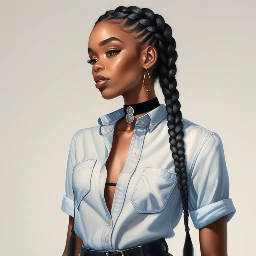 Black woman, long braided hair, wearing a black choker necklace and a button-up shirt