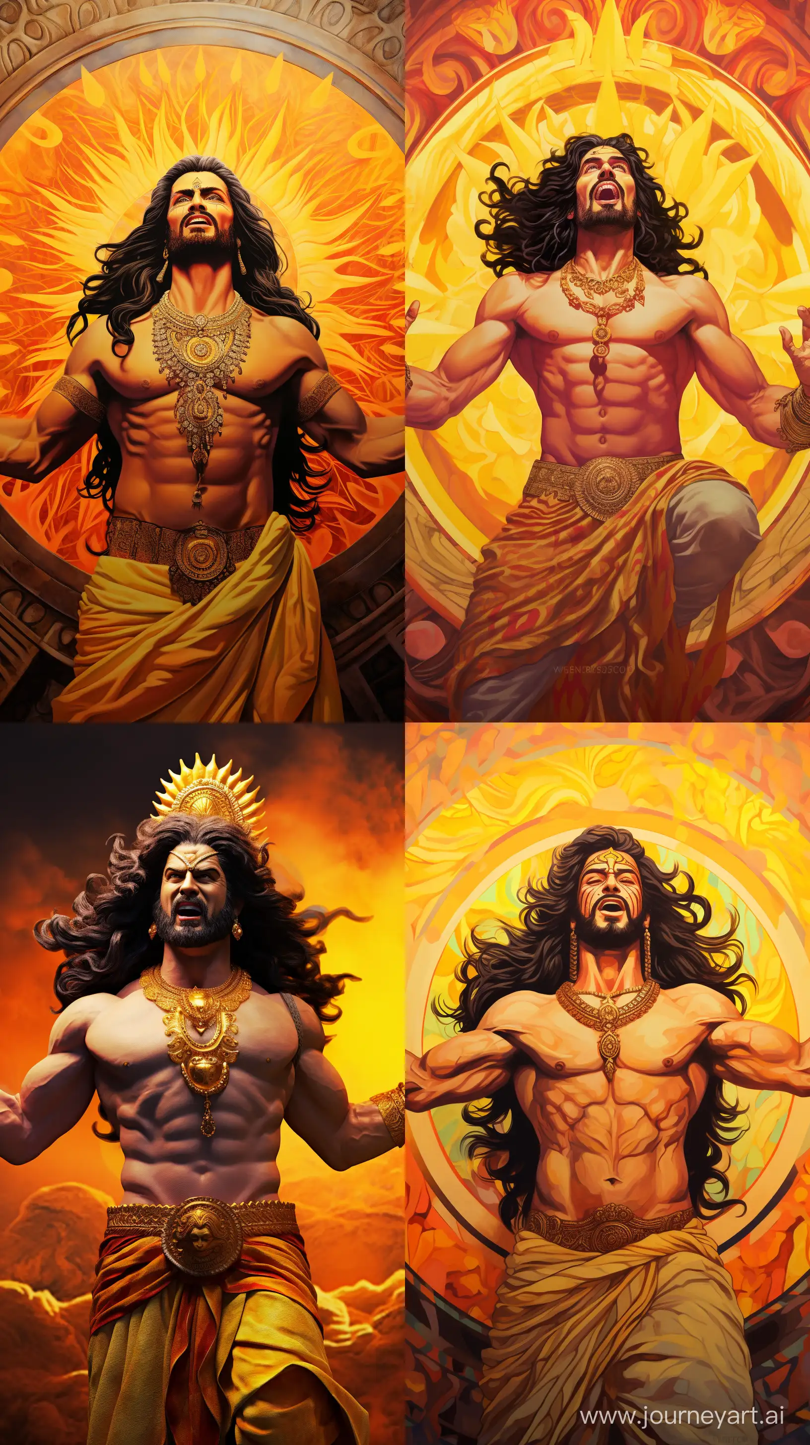 Realistic colorful images depicting the Sun god from Hinduism in his forties, with black long hair, muscular, crowned, in bright yellow salwar standing yelling with his finger pointed, angry expression, intricate details, serene background, 8k images --ar 9:16