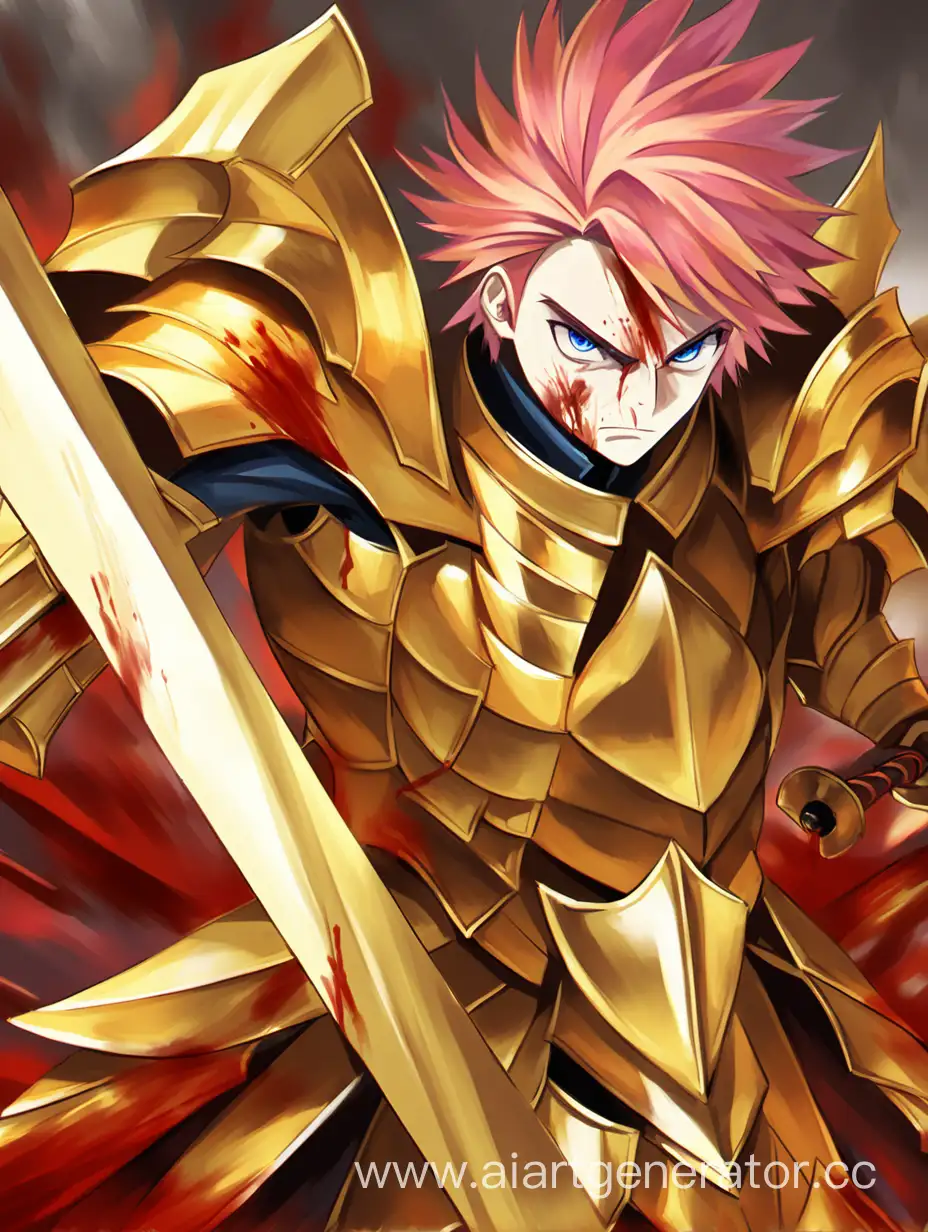 The guy is 1 meter 90 centimeters tall, with cherry-colored hair, blue eyes, a serious expression on his face, wearing heavy golden armor, wielding paired swords made of titanium alloy, with blood from enemies on the armor and face, behind him is a battlefield.