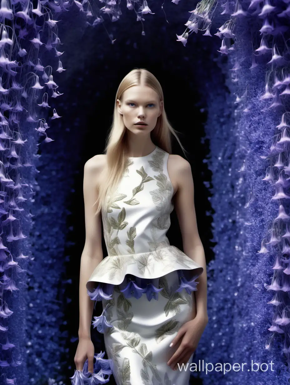 a candid vogue editorial of a Swedish model. glowing skin. she is wearing Haute Couture. whimsical. hyperrealistic. surrounded by a massive floral installation of Harebell flowers, surreal nature --c100 --s 500 --w 35