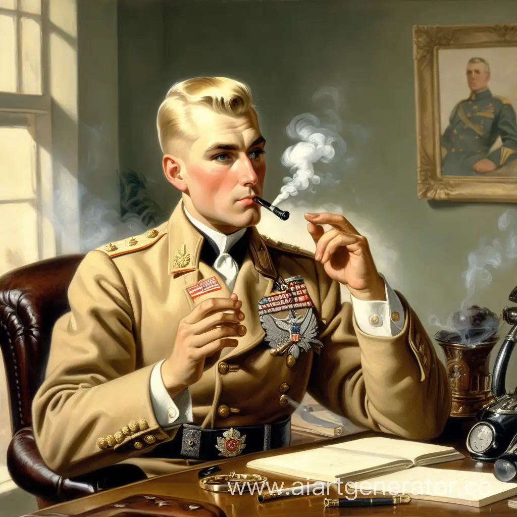 Young-Blond-American-General-Smoking-Pipe-in-Headquarters