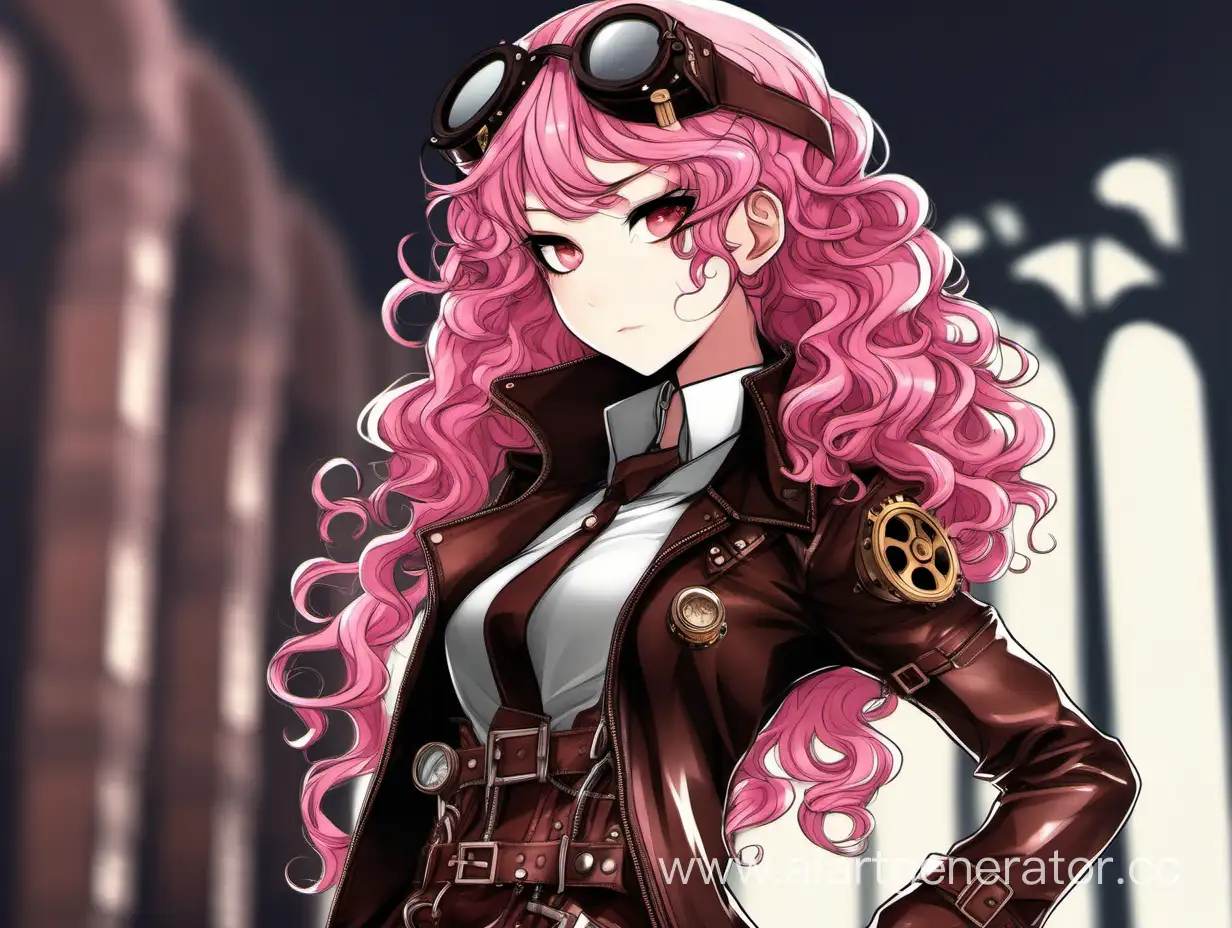 Female, young adult, pink cutly hair, dark brown eyes, inventort, steampunk sunglasses on hair, leather clothes, tall, slender, honkai star rail style