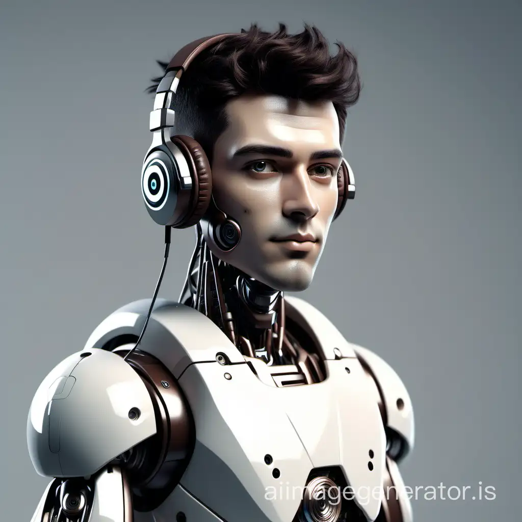 a male futuristic robot with small headphones and a microphone, with dark brown hair, looks like a person and has a kind, pretty face. 25 years old, attractive and well-proportioned