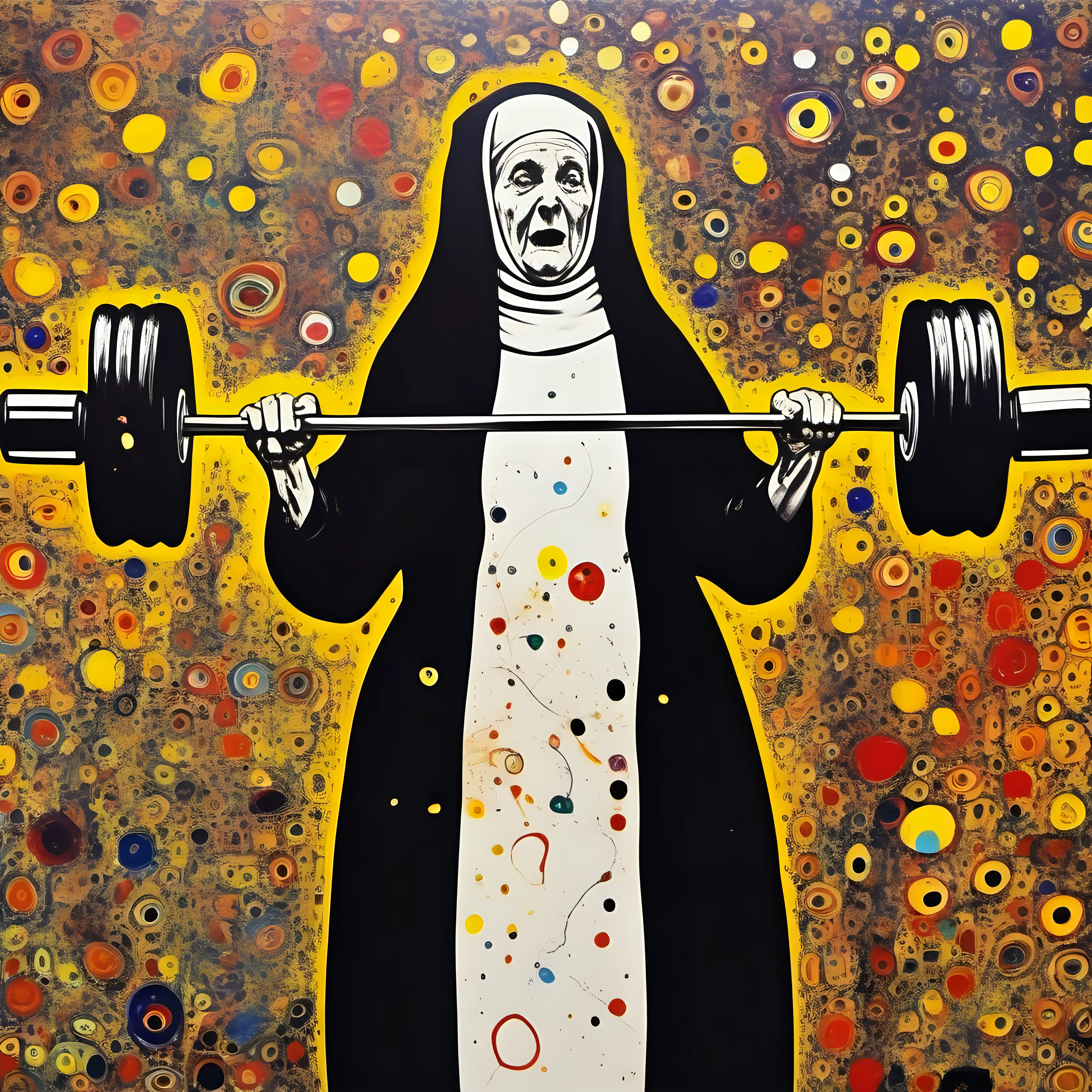 funny nun doing weight lifting. jackson pollock , pyschedelic acid , gustav klimt

