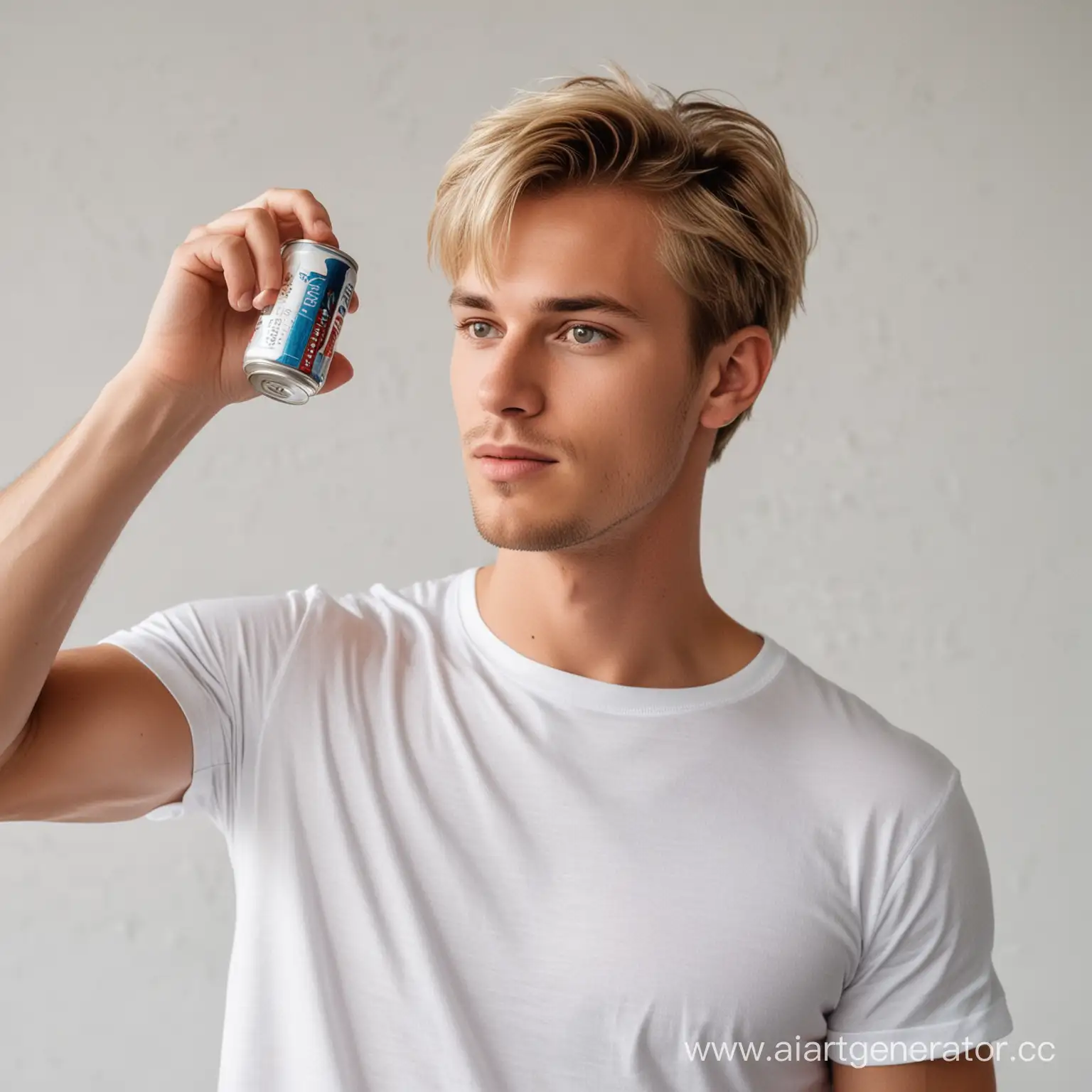 a blond man with short hair in a white T-shirt holds a small can