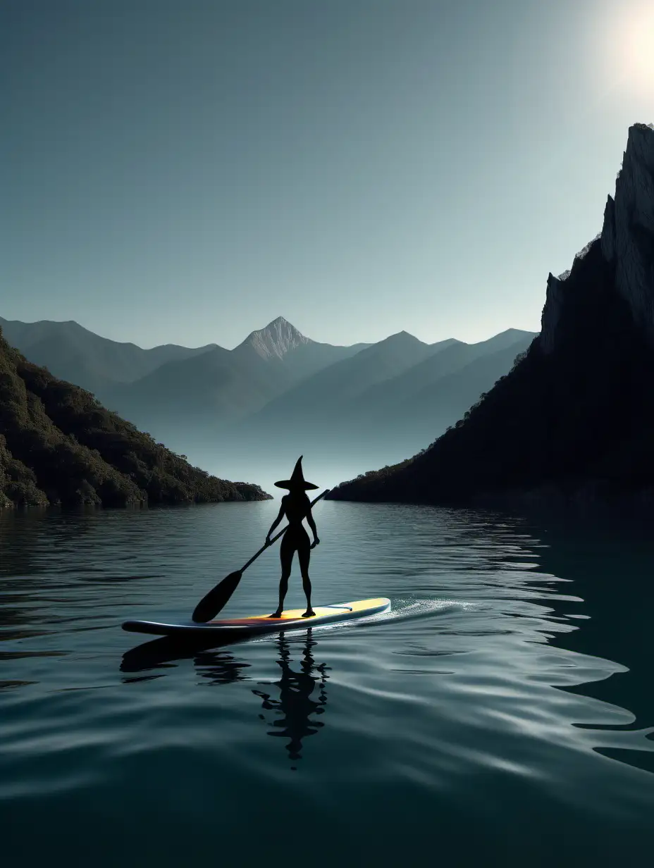 Witch on a paddleboard, mountains in the background, large body of water, mainly shadow and silhouette