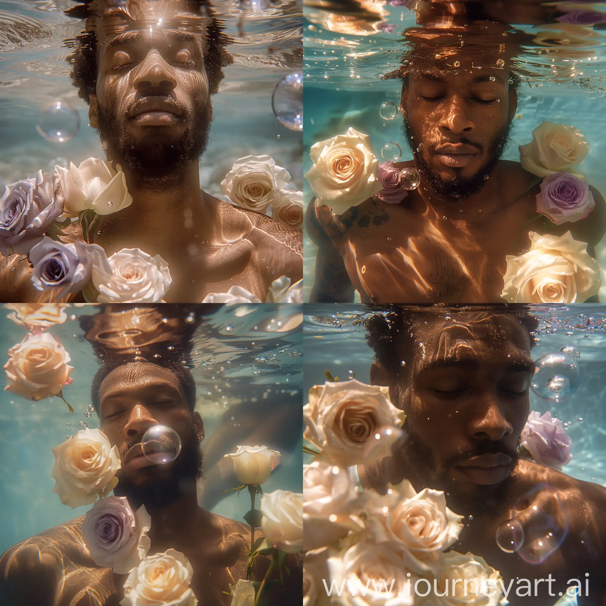 A captivating cinematic image of a shirtless handsome black man with brown beard, eyes closed underwater, reflection of underwater light on him, a few large bubbles, cream roses and lilac roses 