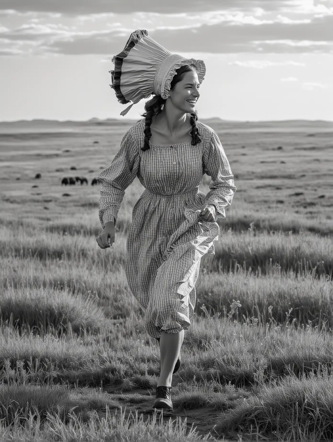 Pioneer Woman Running Amidst Buffalo on the Prairie