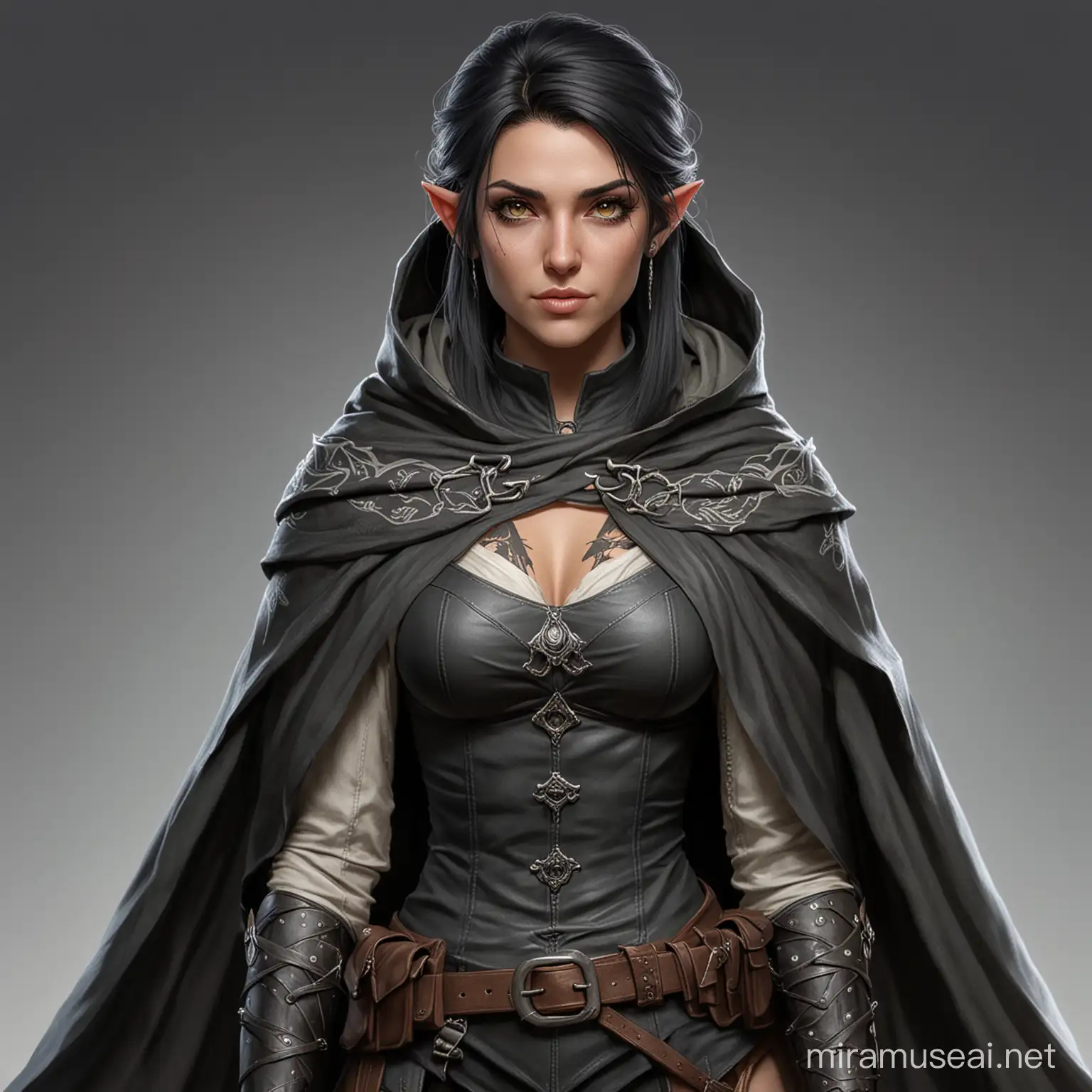 Full Body Female Ranger Aged Pale Elf with Black Hair and Tattoos in Cape Cloak
