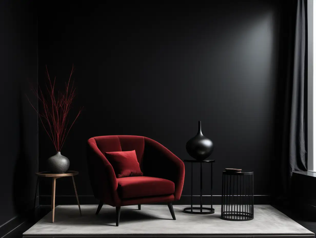 Contemporary Minimalist Living Room with Stylish Blood Red Chair and Black Decor