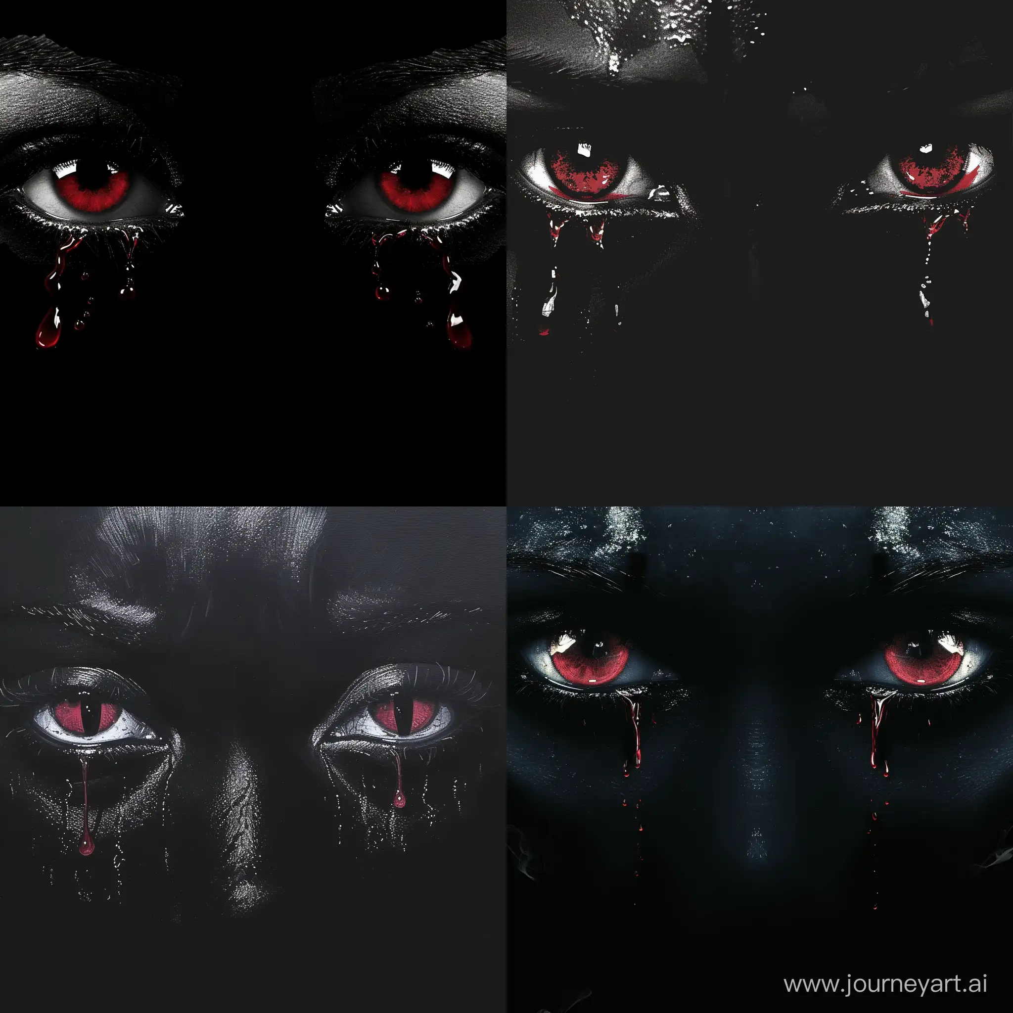The two eyes that are shedding tears are red and the theme of the picture is black