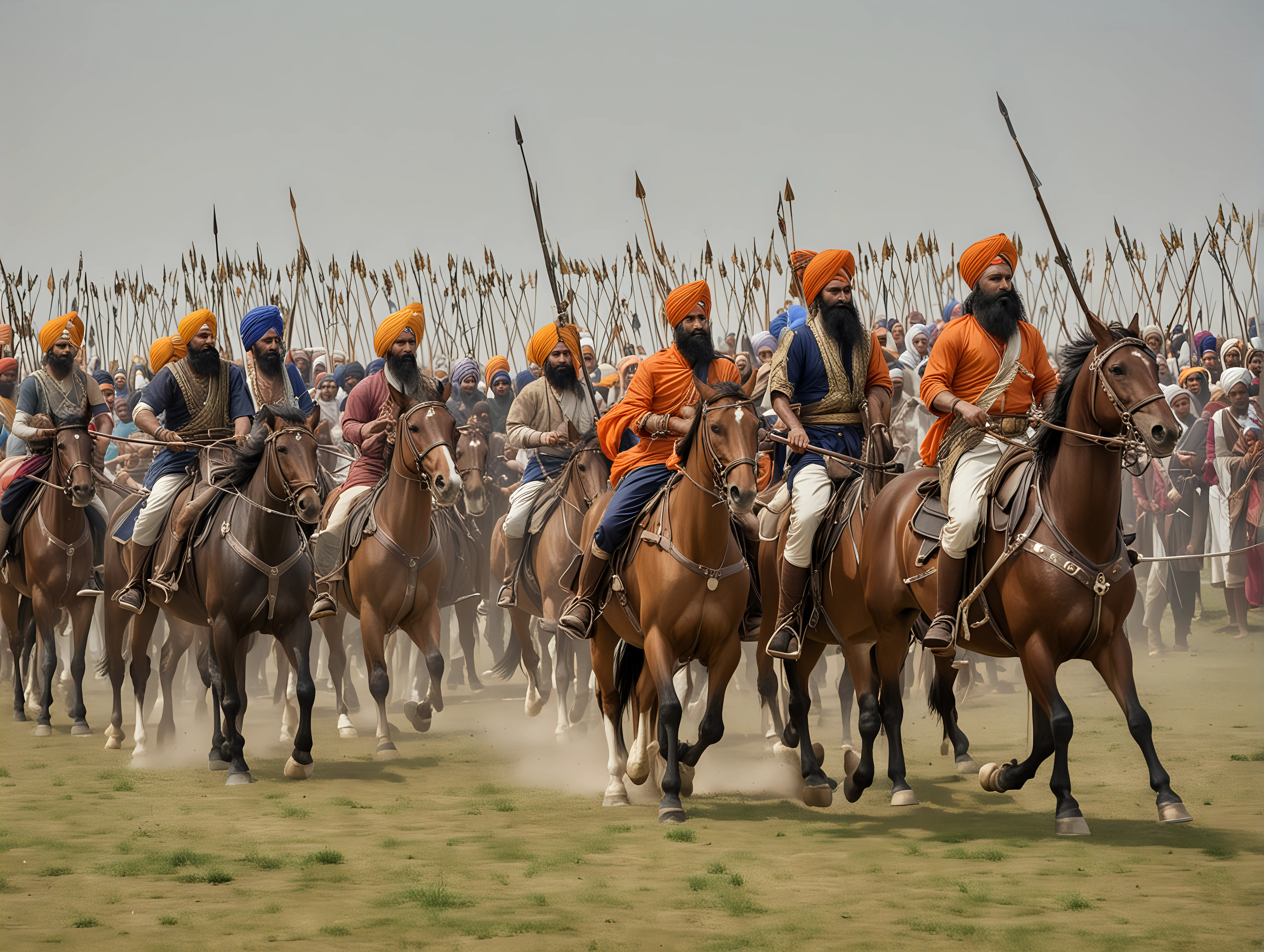 Sikh men and women on horse back, going in to battle with arrows and swords. 