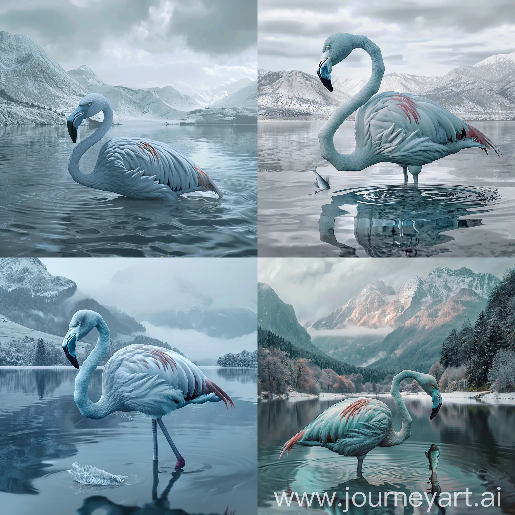 Photorealistic, light-blue flamingo, dark-blue beak standing in a mountain lake in winter searching for fish