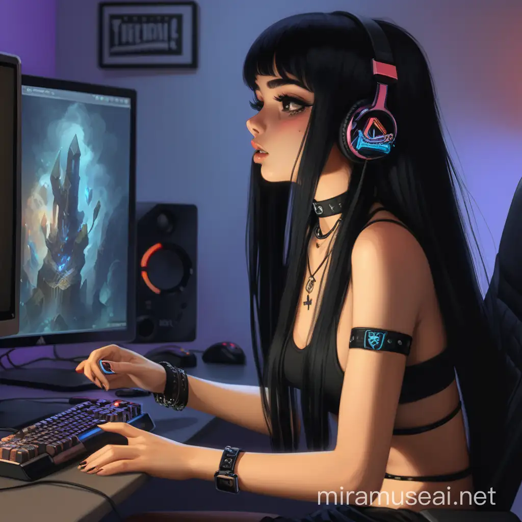 mid 20’s gamer girl sitting at computer playing video games with long black hair and black choker necklace