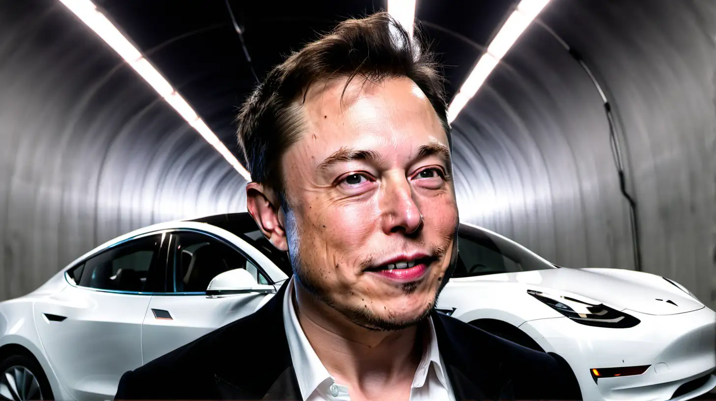 Elon Musk Smirking with Las Vegas Tesla Underground Tunnel and Model 3