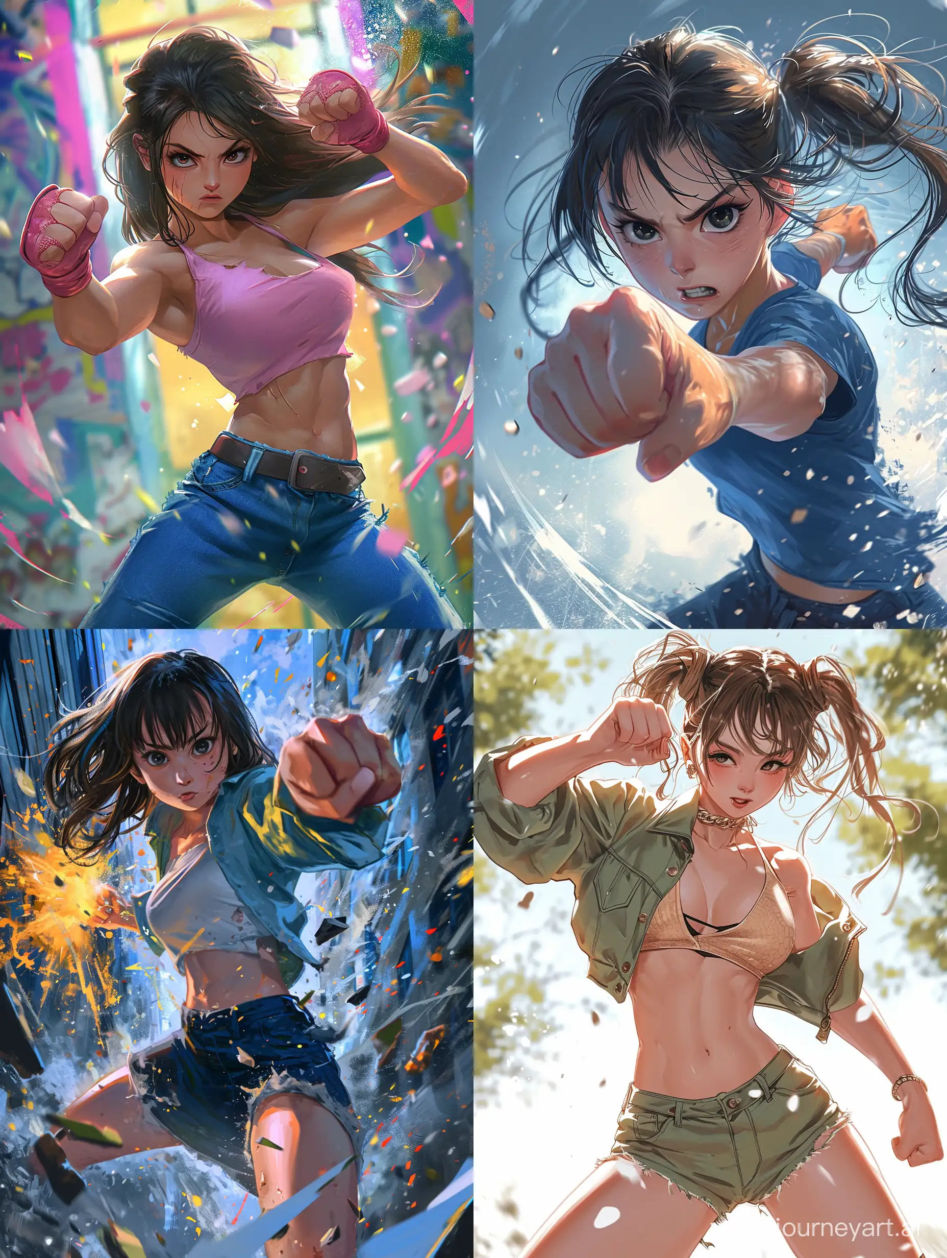  digital art, a girl punch , 3/4 view, in action, comedy, funny, motion effect, crazy pose, best quality, cute, ultra detailed, anime characters  --ar 3:4 --v 6 --q 2