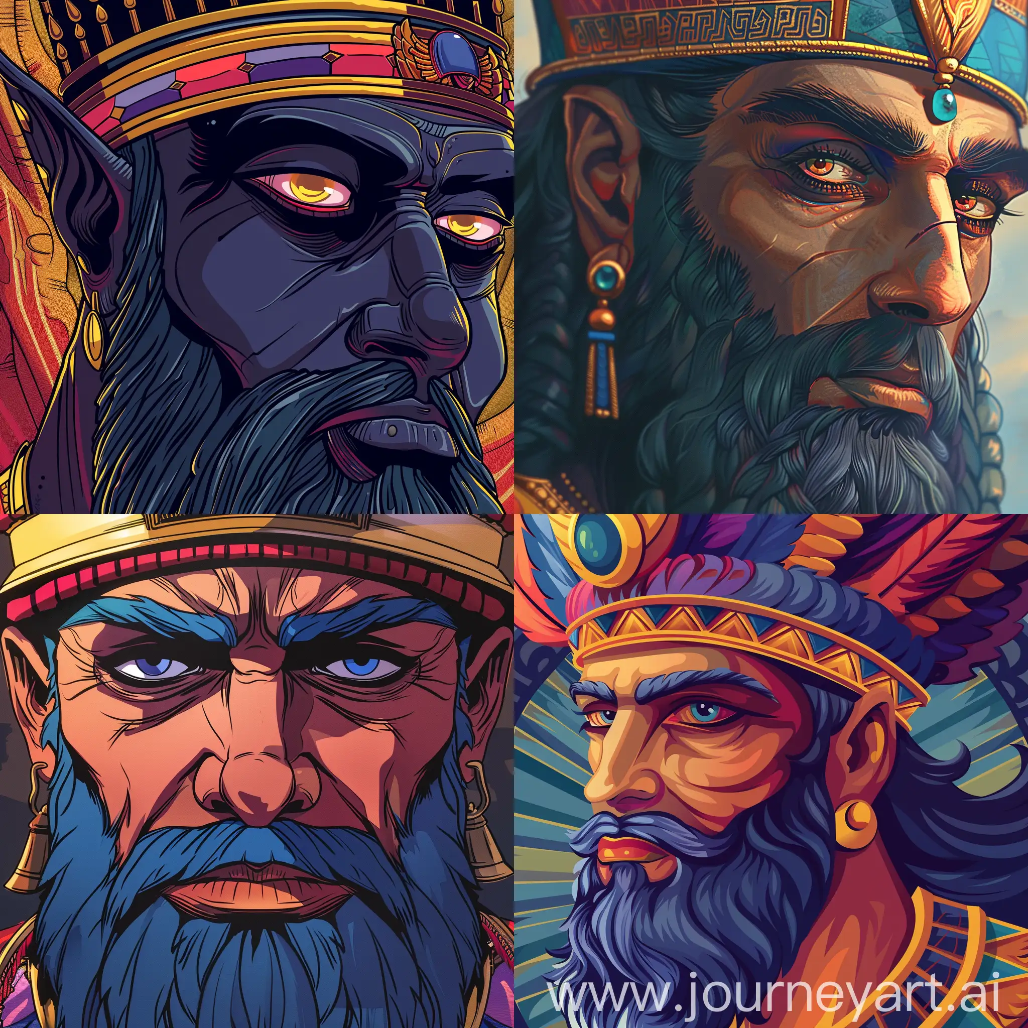 Closeup Anunnaki in Bible Times, deeply colorful in cartoon style, high quality detailed