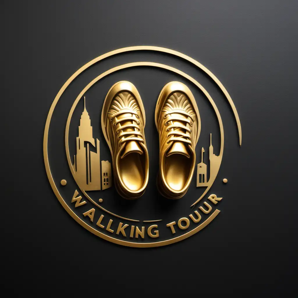 Metal, Gold logo, walking tour logo, shoe print,