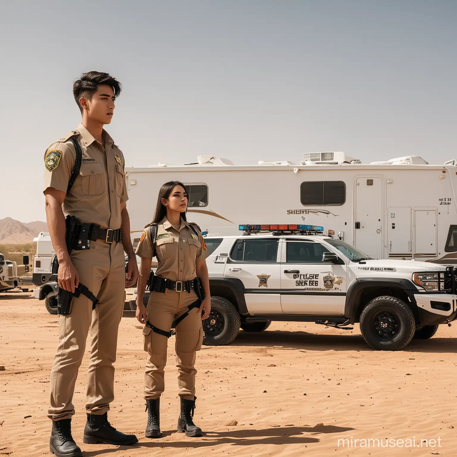 Tall muscular Kpop boy wearing sheriff uniform stand with Arab girl in desert next to police motor home 