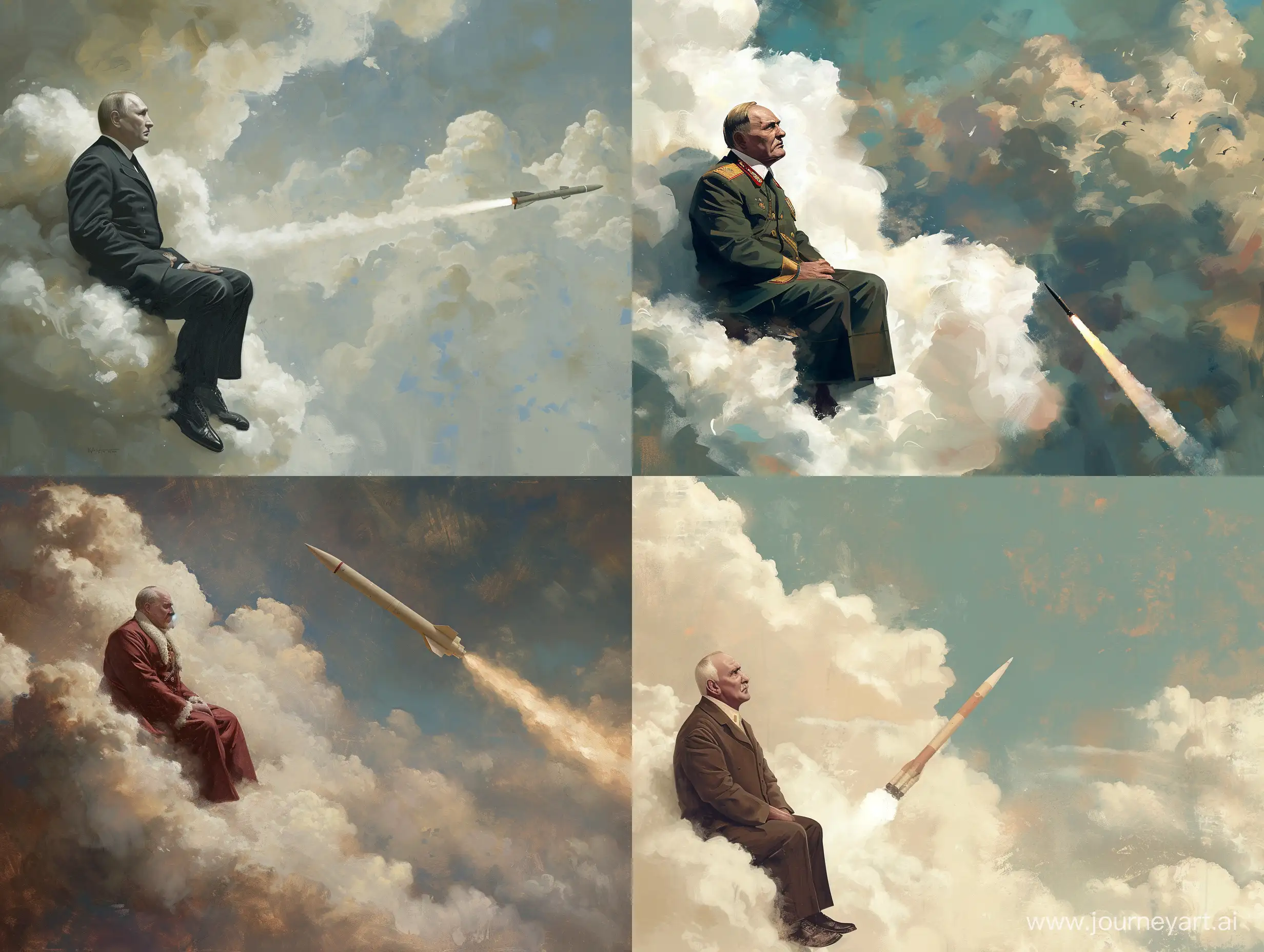 Vladimir Zhirinovsky sits on a cloud and looks at a passing missile in realism