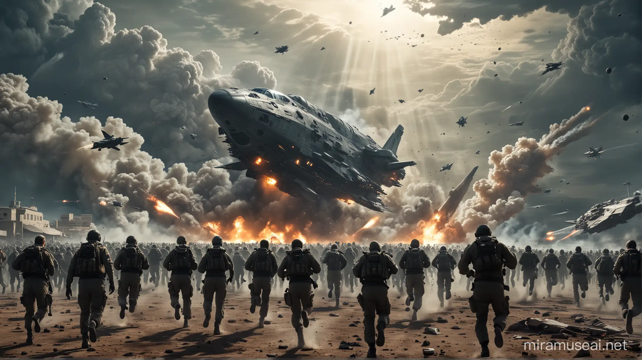 world war 3 where people are running toward a space ship which is leaving the earth
