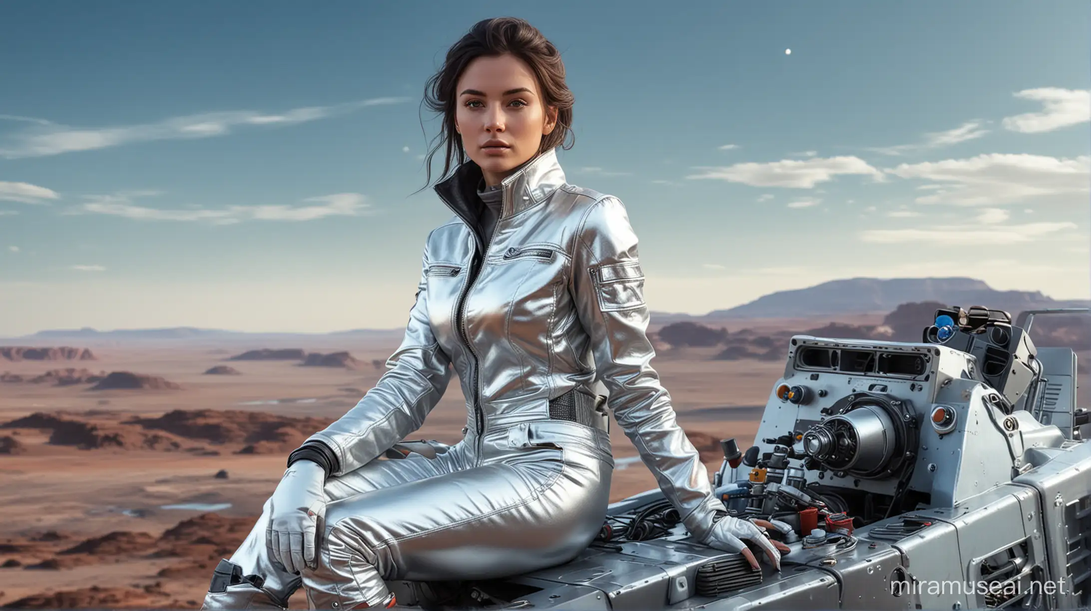 photo realistic, high quality, young kindly woman, dark hair, european face, wearing silver metallic jacket and pants, sitting on the sci-fi rover, background is surface of far planet with blu-white sky, beautiful color landscape.