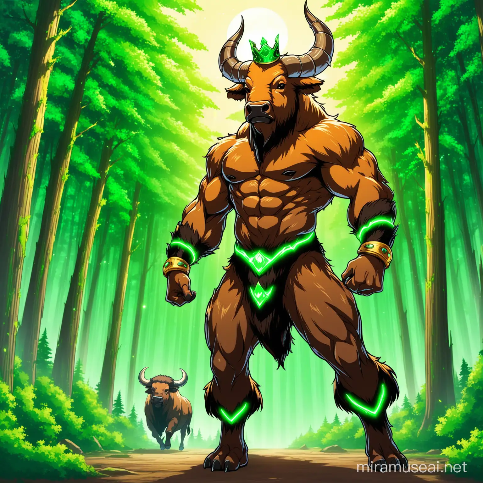 Buffalo-King
appreance- neon green crown/full body/ Buffalo-humanoid/buffalo astedics/determind/brown/baige fur/ horns/dynamic-pose/

background-forest/plain/mountains/