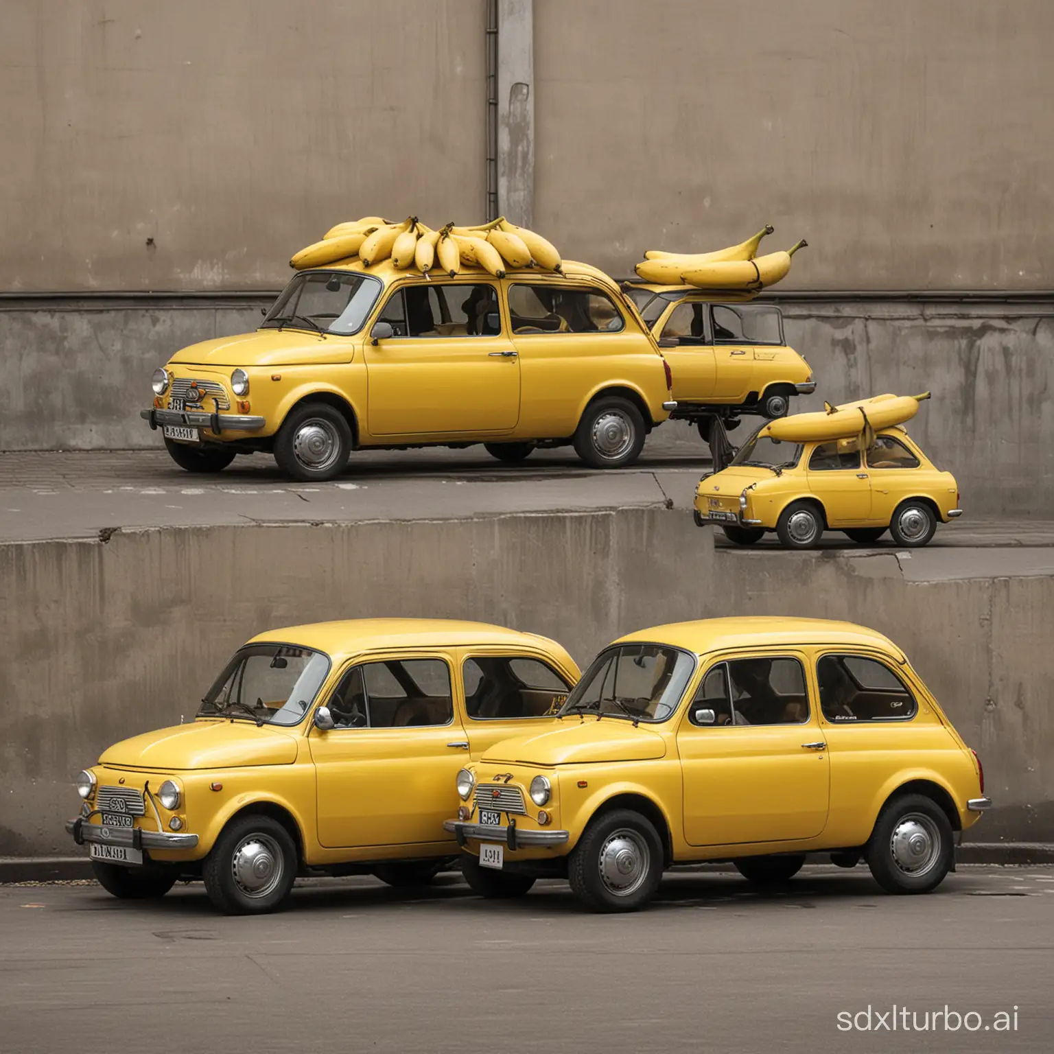 Colorful-Fiat-Car-with-Multiple-Bananas-in-a-Vibrant-Setting