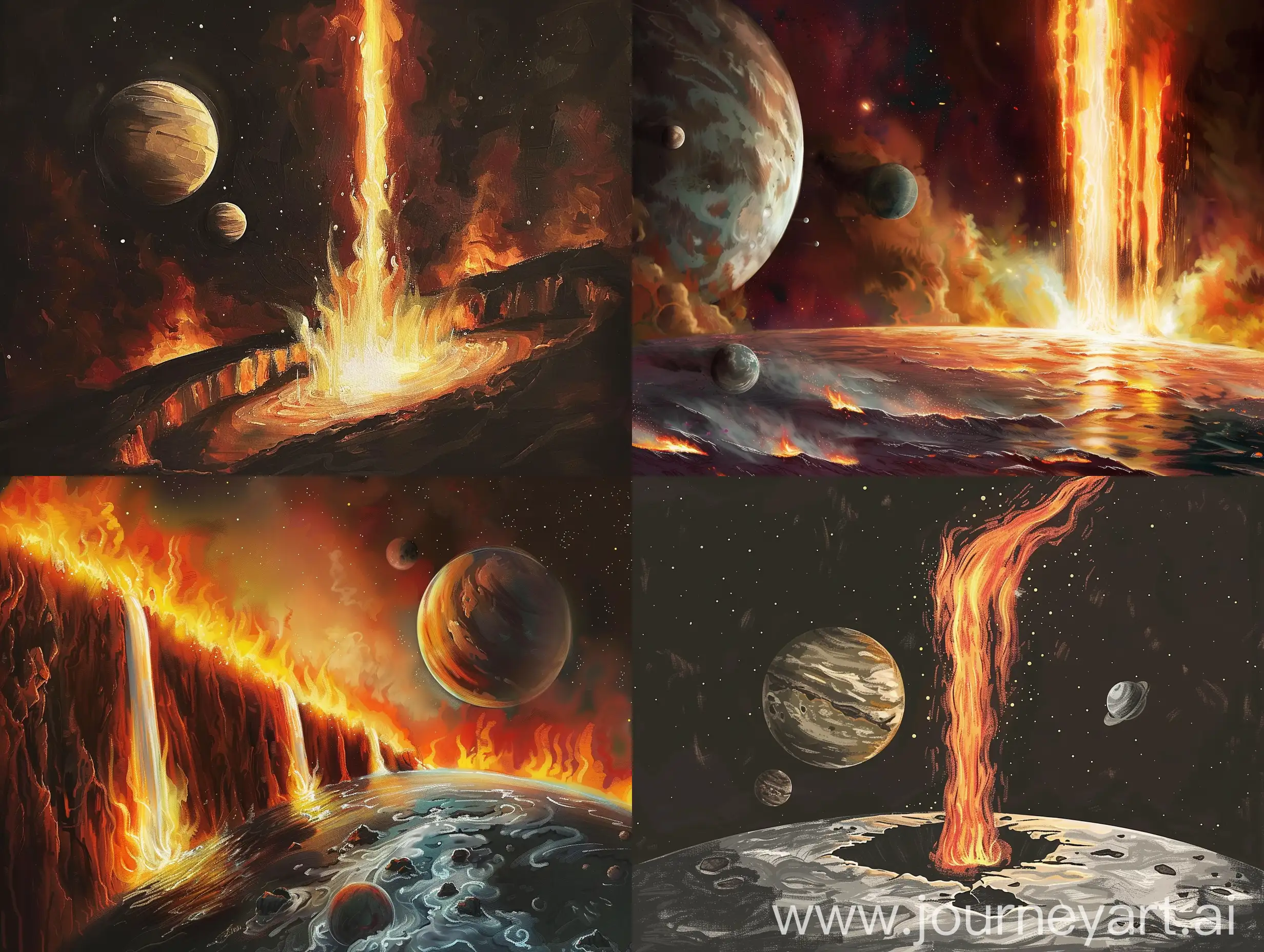 draw a fire waterfall falling from on planet onto another planet