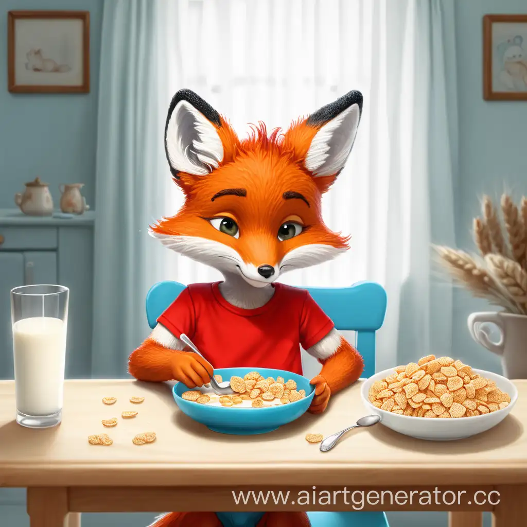 Adorable-Fox-Enjoying-a-Breakfast-Feast-in-a-Red-TShirt