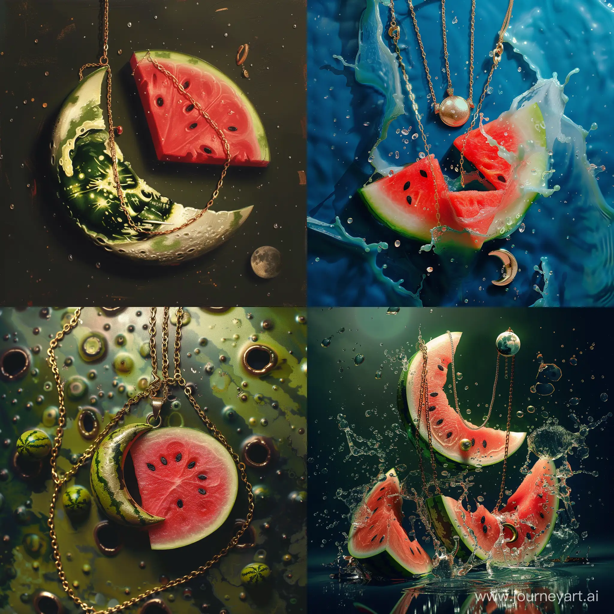 mixing of watermelon and moon and necklace, fantasy style, realistic
