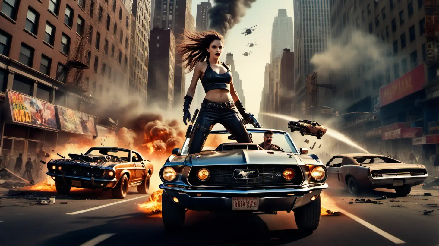Create a poster for a fictional movie from the future, where a street in Manhattan is on fire and skyscrapers are falling in the background, destroyed cars and shops everywhere, and a beautiful young girl in a Mad Max-style ford mustang convertible drives away at high speed, all in speed and motion -- Drone photography, Cinematic haze, powerful action shot/action motion shot, dynamic movement, intense emotion" as a New Year's card with the text "HAPPY NEW YEAR 2024"