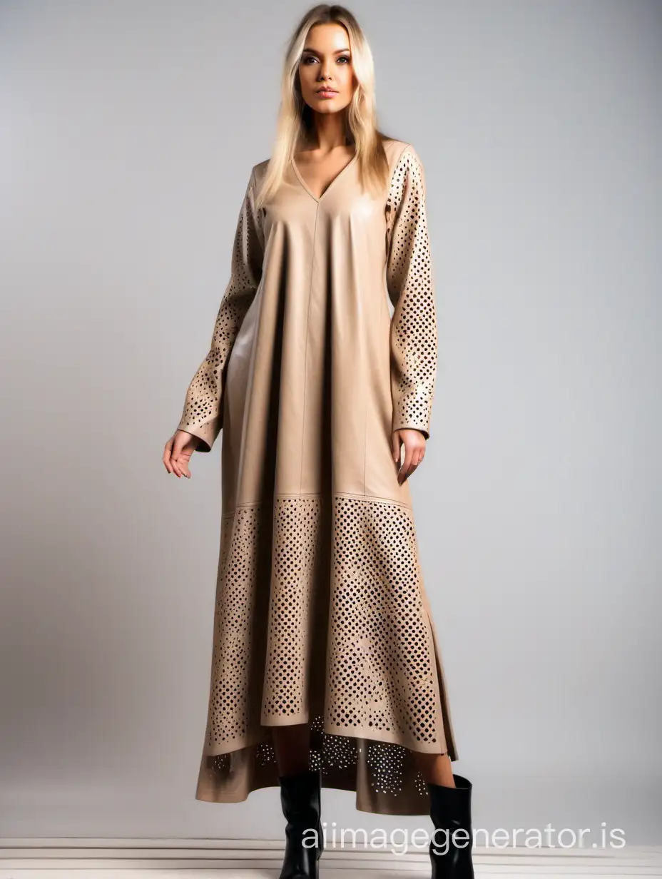  Beige perforated dress  in boho style made of large perforated eco leather with a V-neck and long sleeves. Maxi length