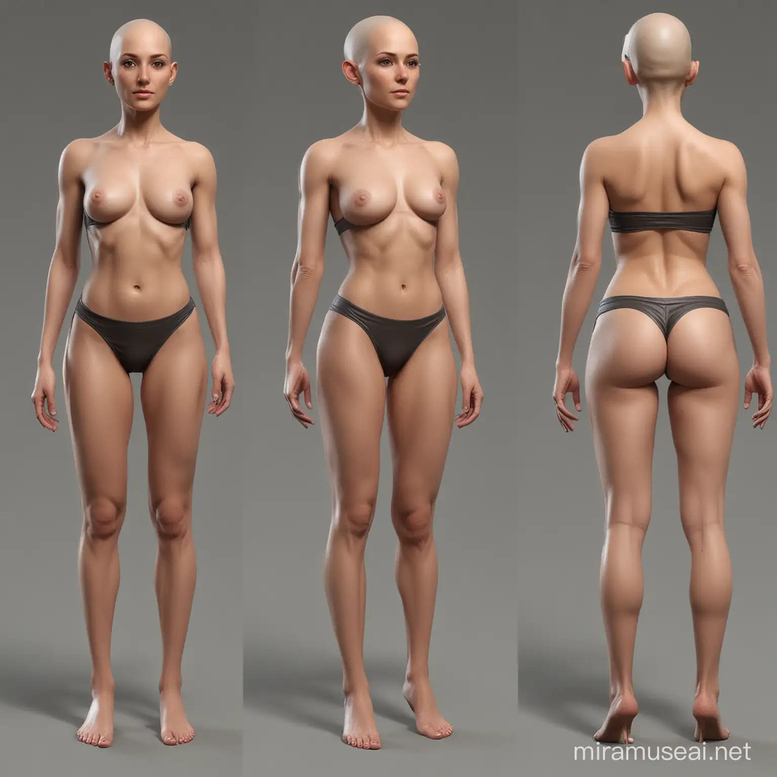 Woman Character Sheet Orthographic Modeling Reference with No Hair Full Body Front and Side Views