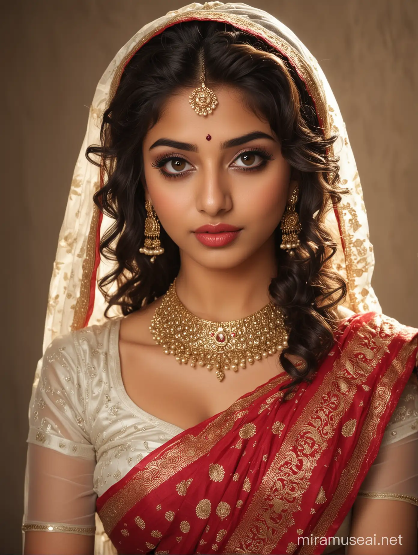  most beautiful 18 YEAR OLD  indian GIRL, big wide black eyes with eye makeup, thick long curly hair , face completely bent down, wide big eyes, brows raised, eyes looking up, innocent alluring sexy looks, shy wide smile, intimate looks, bridal makeup, full body jewelry, perfect symmetric face and eyes, full breasts, glossy dark red lipsticks, intimate alluring come get me looks vulnerable i am yours feeling in looks, elegant traditional modest saree , elegant look, biting lip with ecstasy,
blushed cheeks, intricate details, photo realistic, 4k.