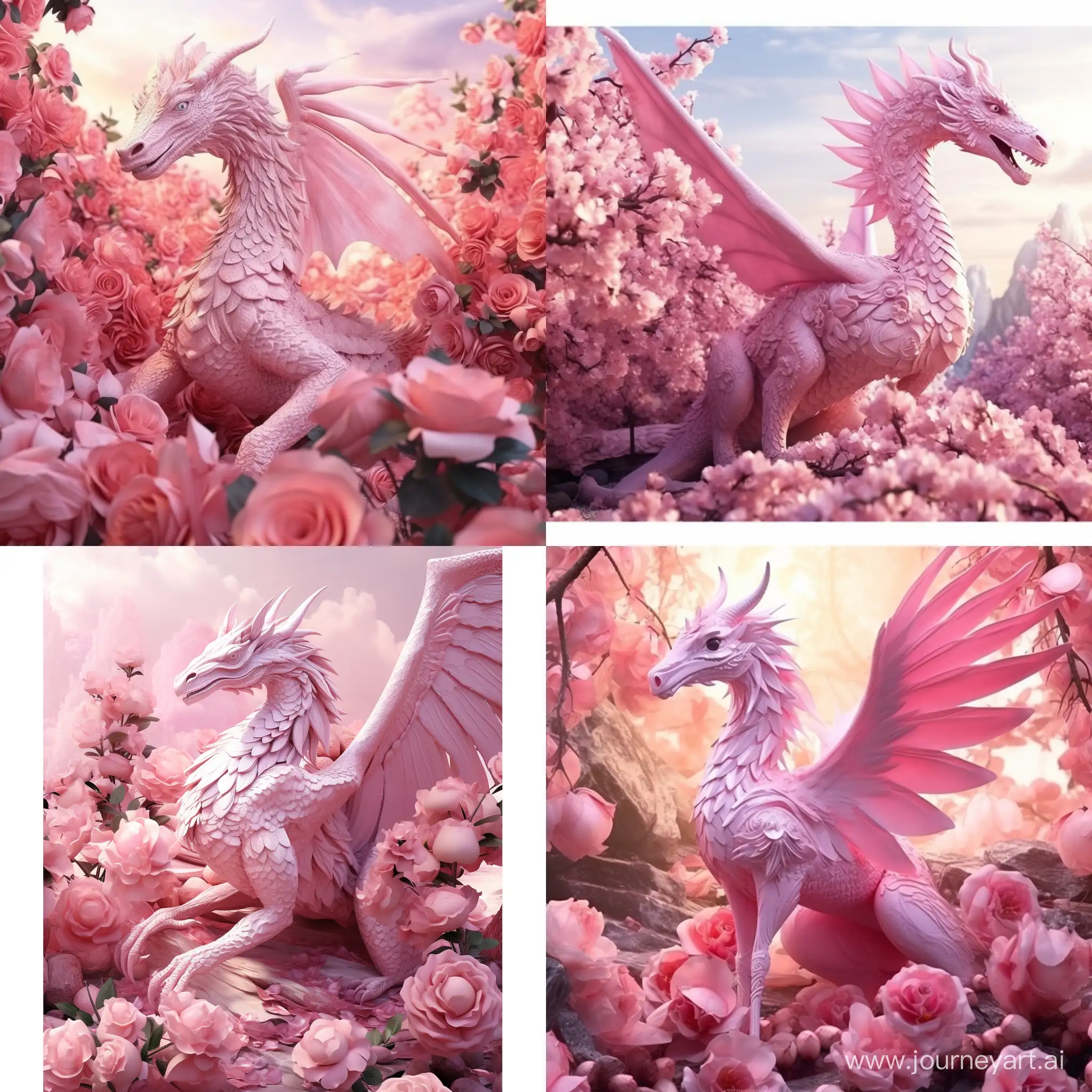 милый розовый дракончик в цветах, сложенные крылья, розовые тона, в полный рост, яркое солнце, яркие тона, высокая детализация, высококачественное фото