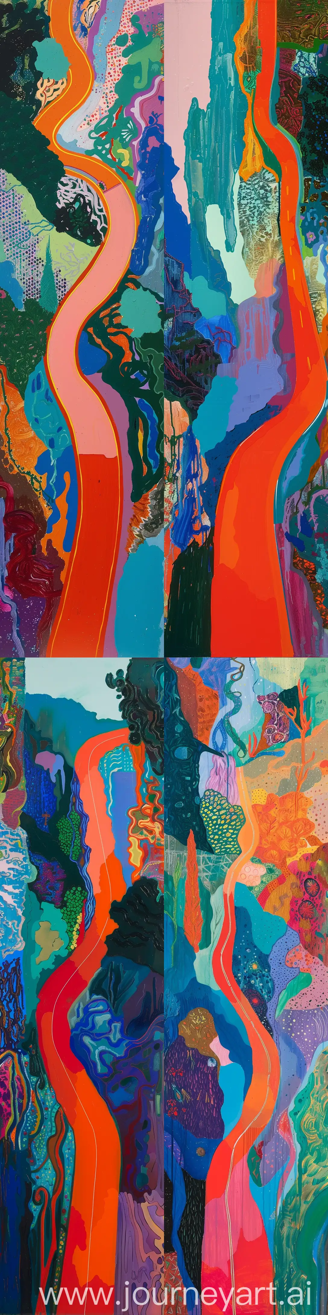 Oil painting which depicts a vibrant and colorful painting titled "Mulholland Drive: The Road to the Studio," created in 1980 using acrylic on canvas. The painting is an abstract representation of a landscape likely inspired by the famous Mulholland Drive in Los Angeles.

The composition is dominated by a winding road that snakes through the canvas from the lower right corner to the upper left side. The road is rendered in a bright red color, which stands out against the various shades of blue, green, orange, and purple that make up the surrounding environment.

On either side of the road, there are abstract shapes and patterns that suggest natural formations such as hills or mountains, as well as structures that could be interpreted as buildings or trees. The use of color is bold and expressive, with contrasting hues placed next to each other to create a sense of depth and movement.

The painting has a dynamic and somewhat chaotic feel, with the eye being drawn along the curves of the road and the intricate patterns of the landscape. It seems to capture the energy and complexity of a journey through a vividly imagined version of the Californian terrain.

the painting is a striking example of modern abstract art, with a strong use of color and form to convey a sense of place and motion --ar 4:16