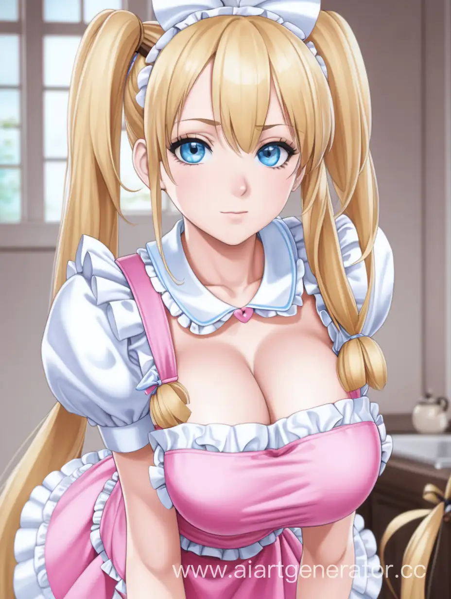 Blonde girl with two ponytails, blue eyes, big breasts, Short dressed in pink maid costume