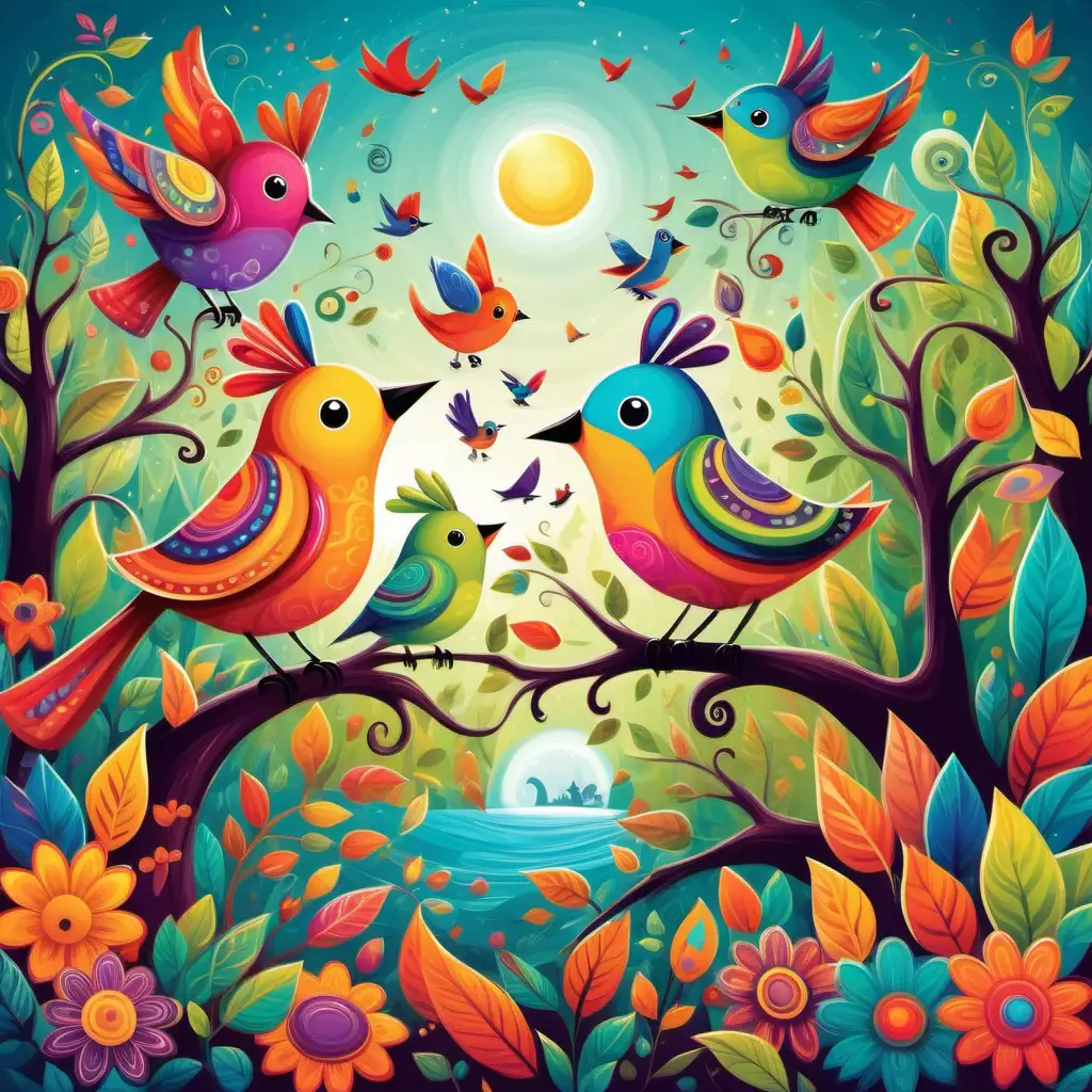 "Create a whimsical and colorful design featuring their favorite ,birds  , vibrant landscapes, or imaginative characters, sparking joy and creativity 
 
