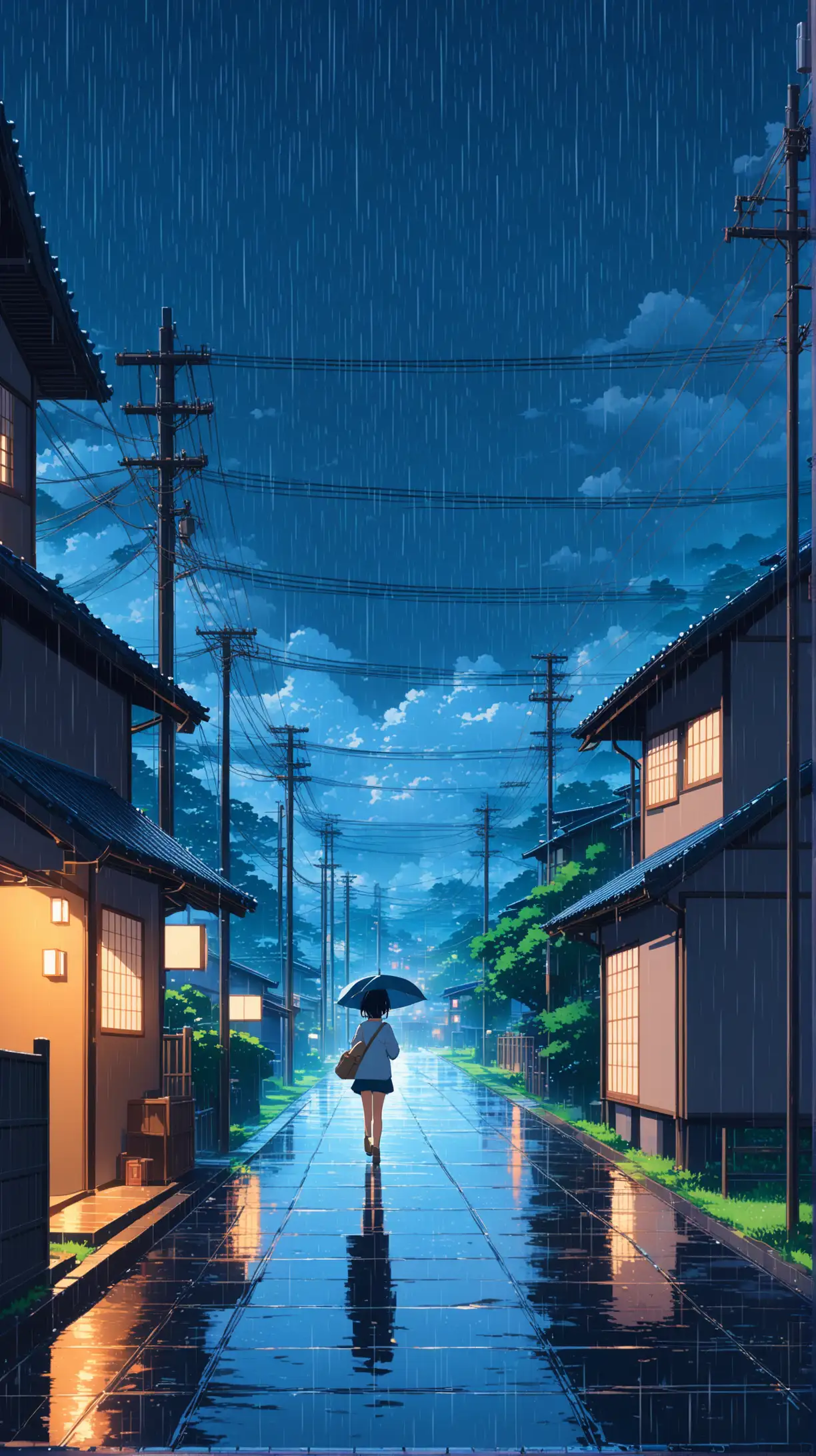 Draw a japan school girl walking in rain, see from back, calm city  suburb neighbourhood, beautiful illuminate, beautiful vibrant rain sky, radiant, silver lining, abstract anime style, generative art, 8k , illustration, anime, acrylic palette knife, trending pixiv fanbox, studio ghibli style, makoto shinkai, stable diffusion, 3D render, ultra ultra detailed, best composition, best quality,