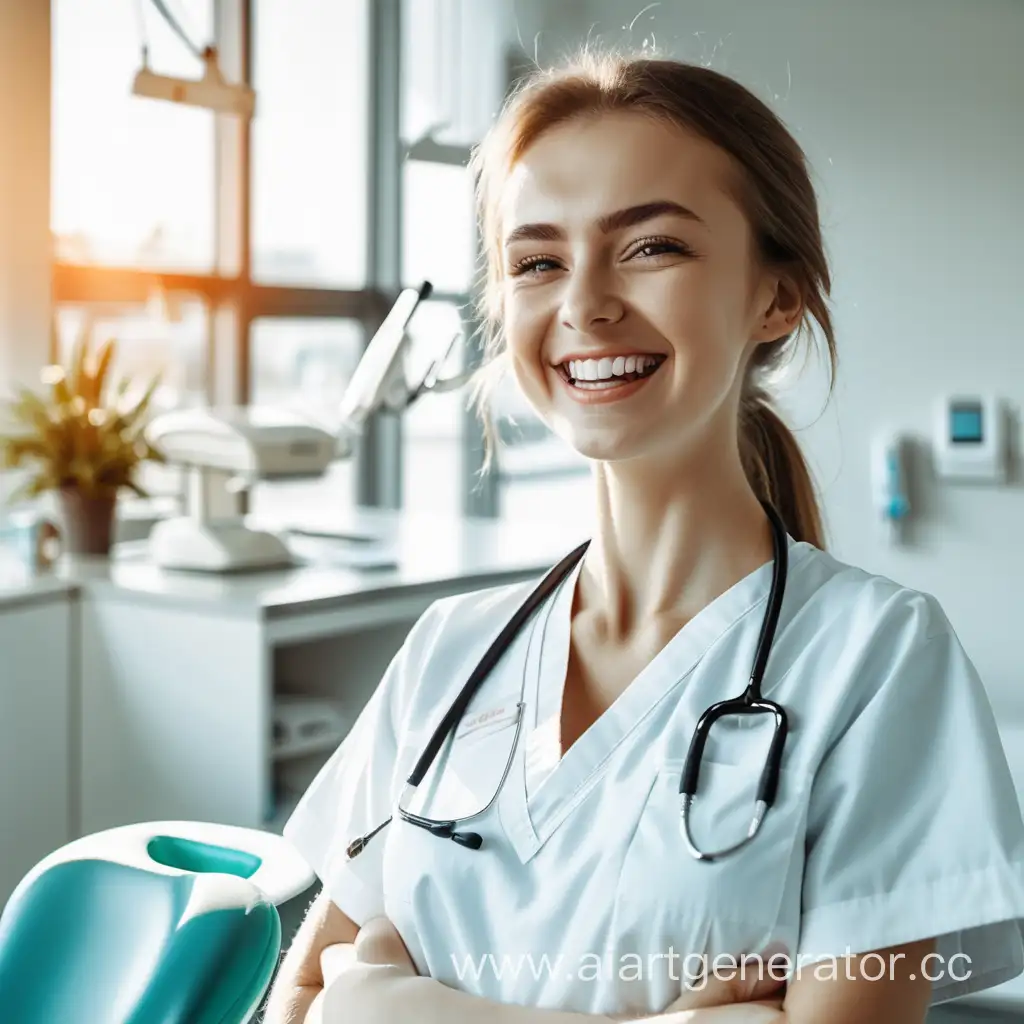 Cheerful-Russian-Nurse-Assisting-Patient-in-Sunny-Dental-Office