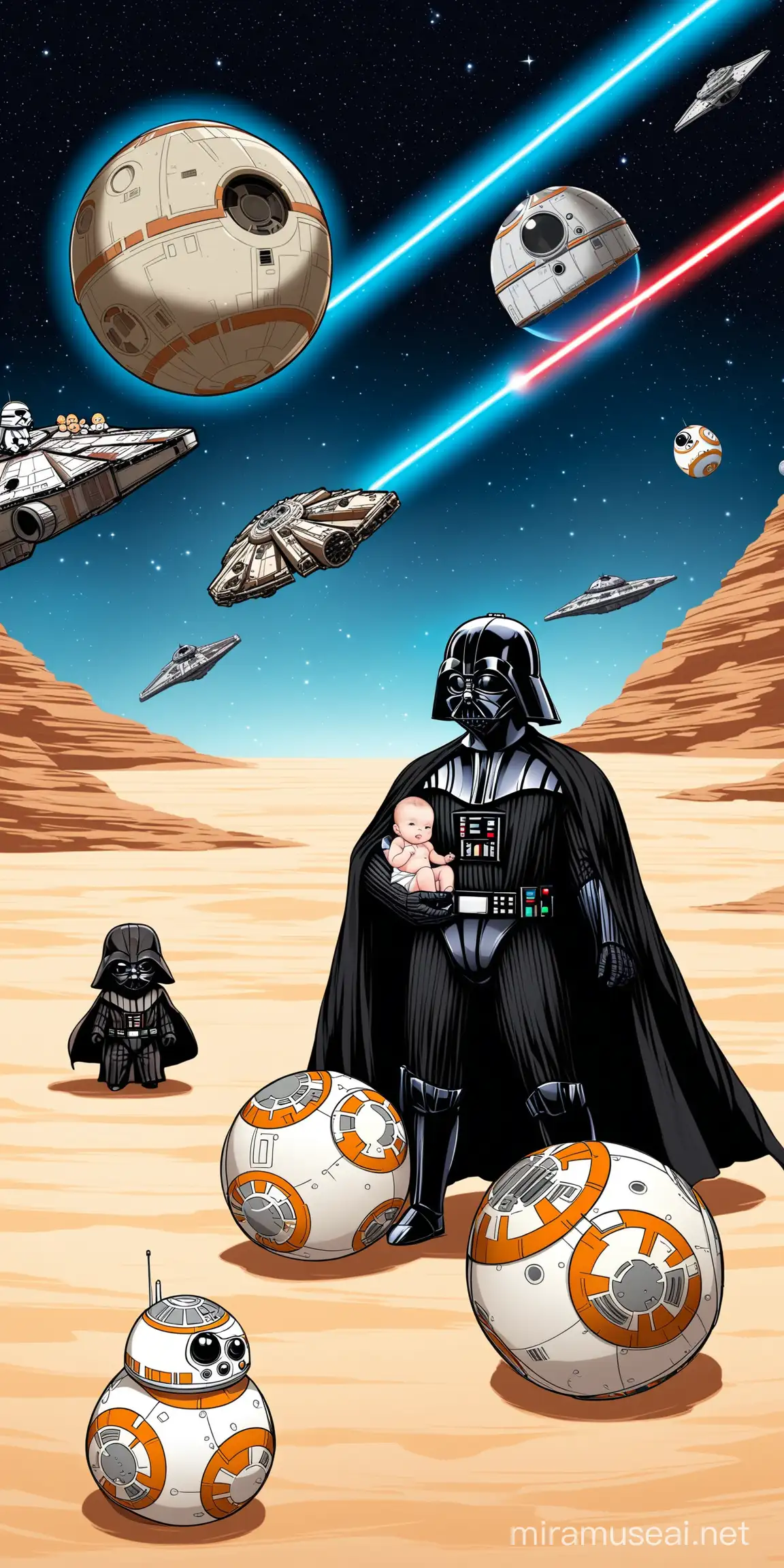 baby yoda, BB-8, baby darth vader, baby luke skywalker, baby chubaca millennium falcon background 
