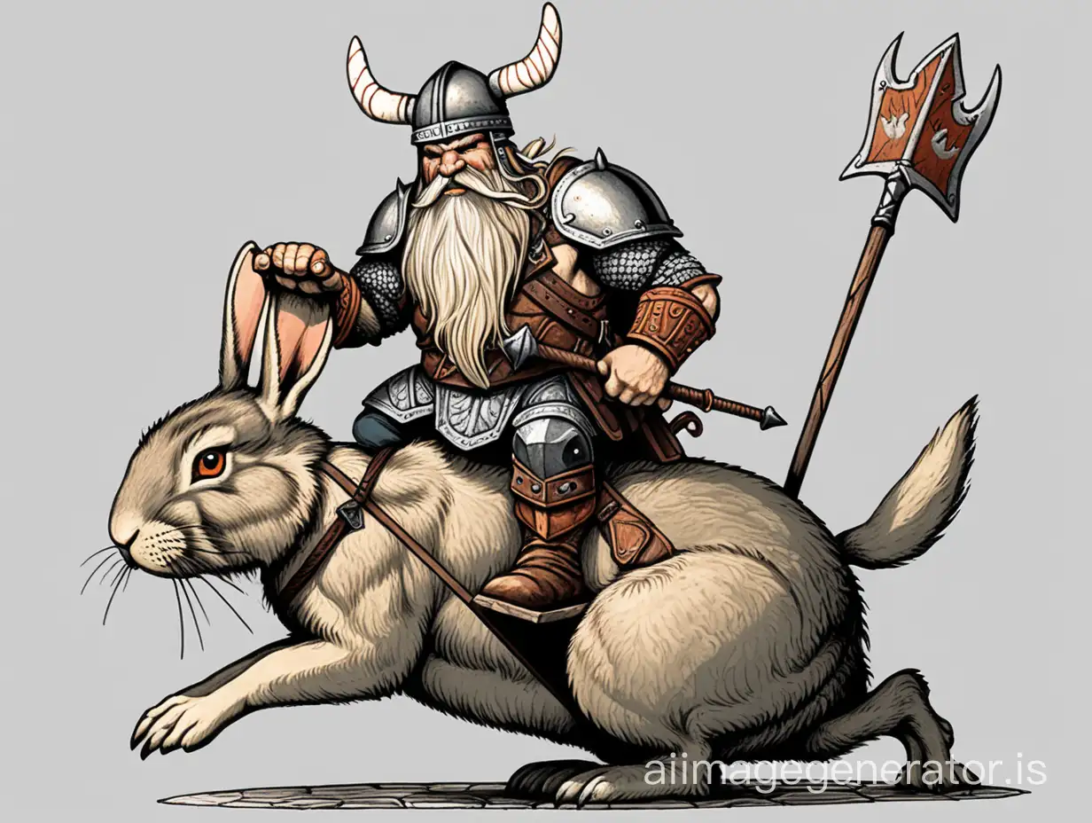 evil dwarf with Viking helmet and spear riding on grey armored rabbit, colored fine illustration