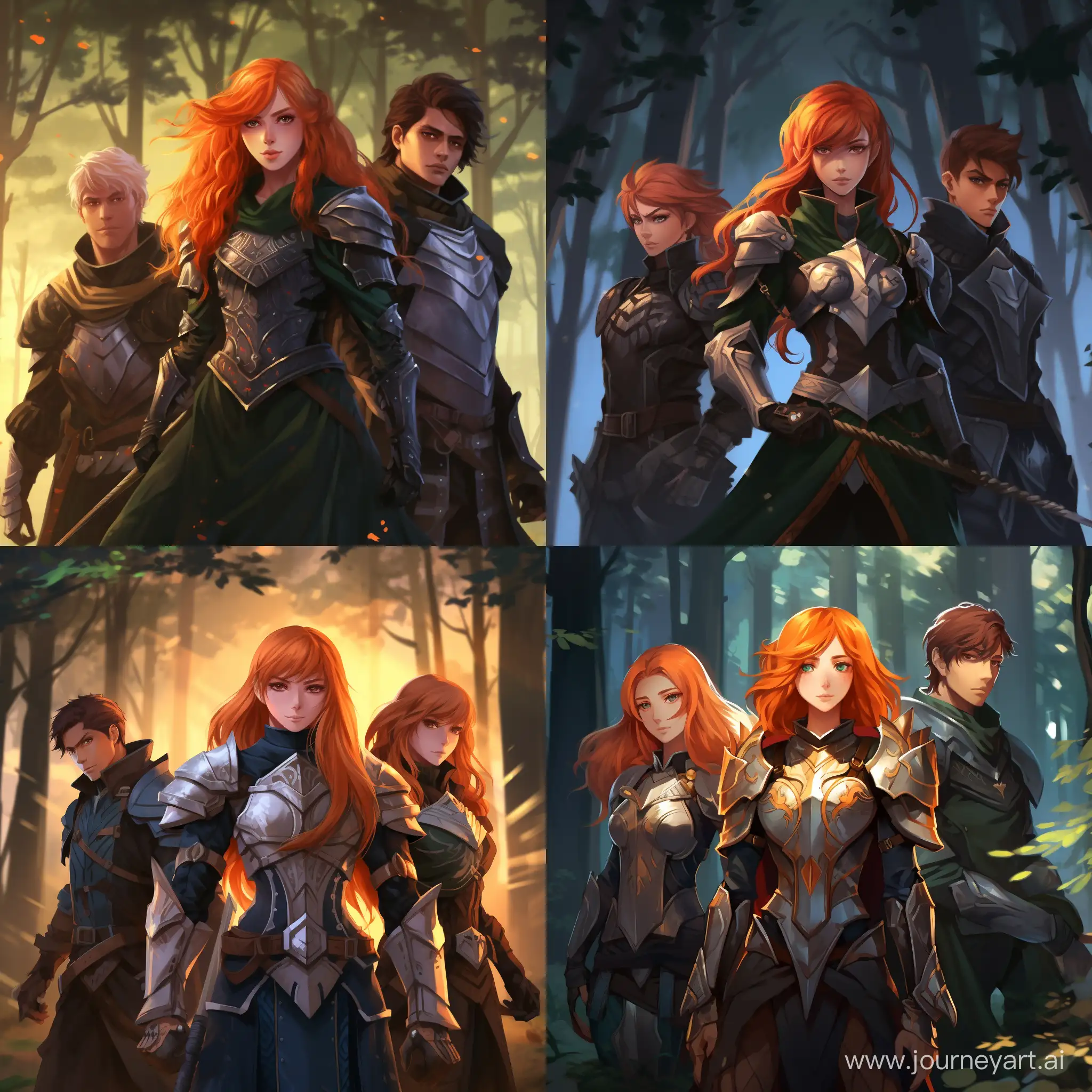 a forest with three people. a young red haired wizard. a ranger elf. a female paladin. anime style