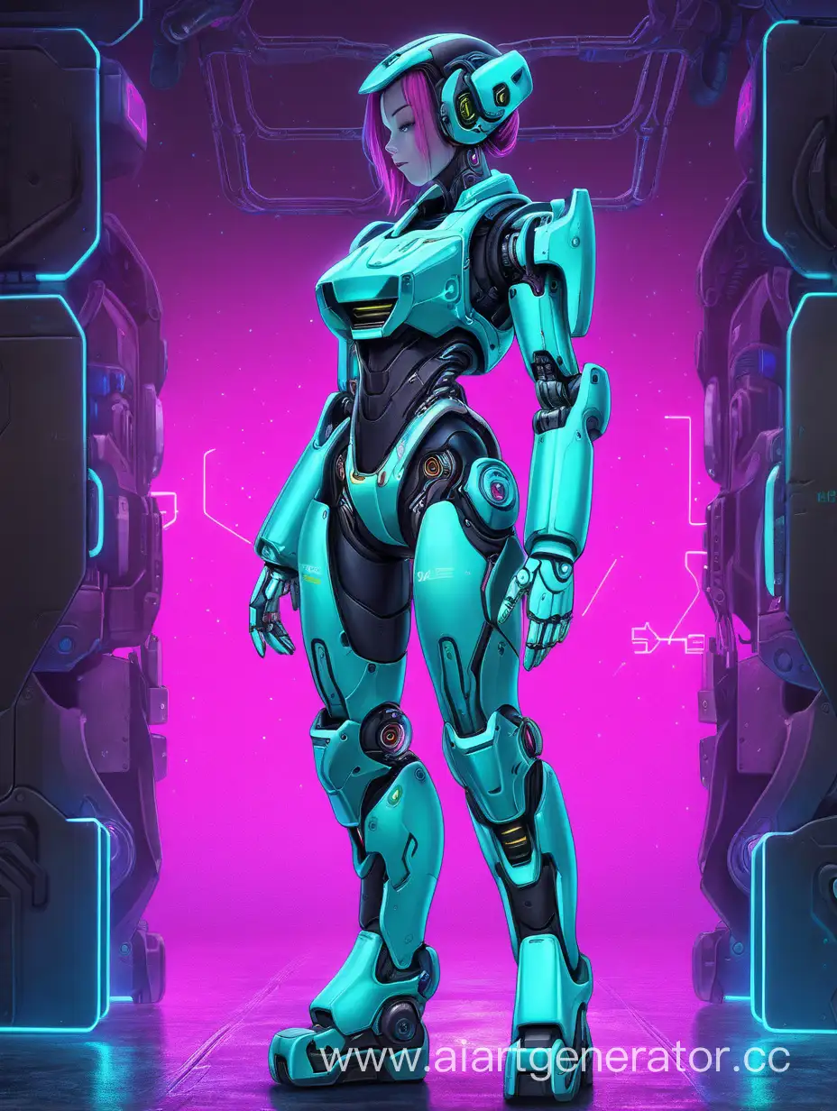 female, full height cyber robot, mechaniks hands, cyberpank style, neon body armor, cosmos background, pretty future, Impressionism