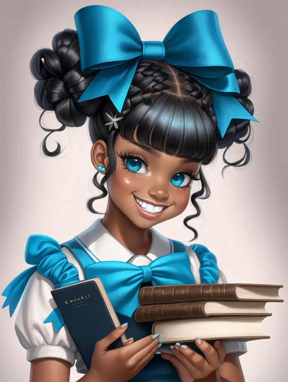 Adorable Kawakii Black Girl with Braided Buns Blue Bows and Books