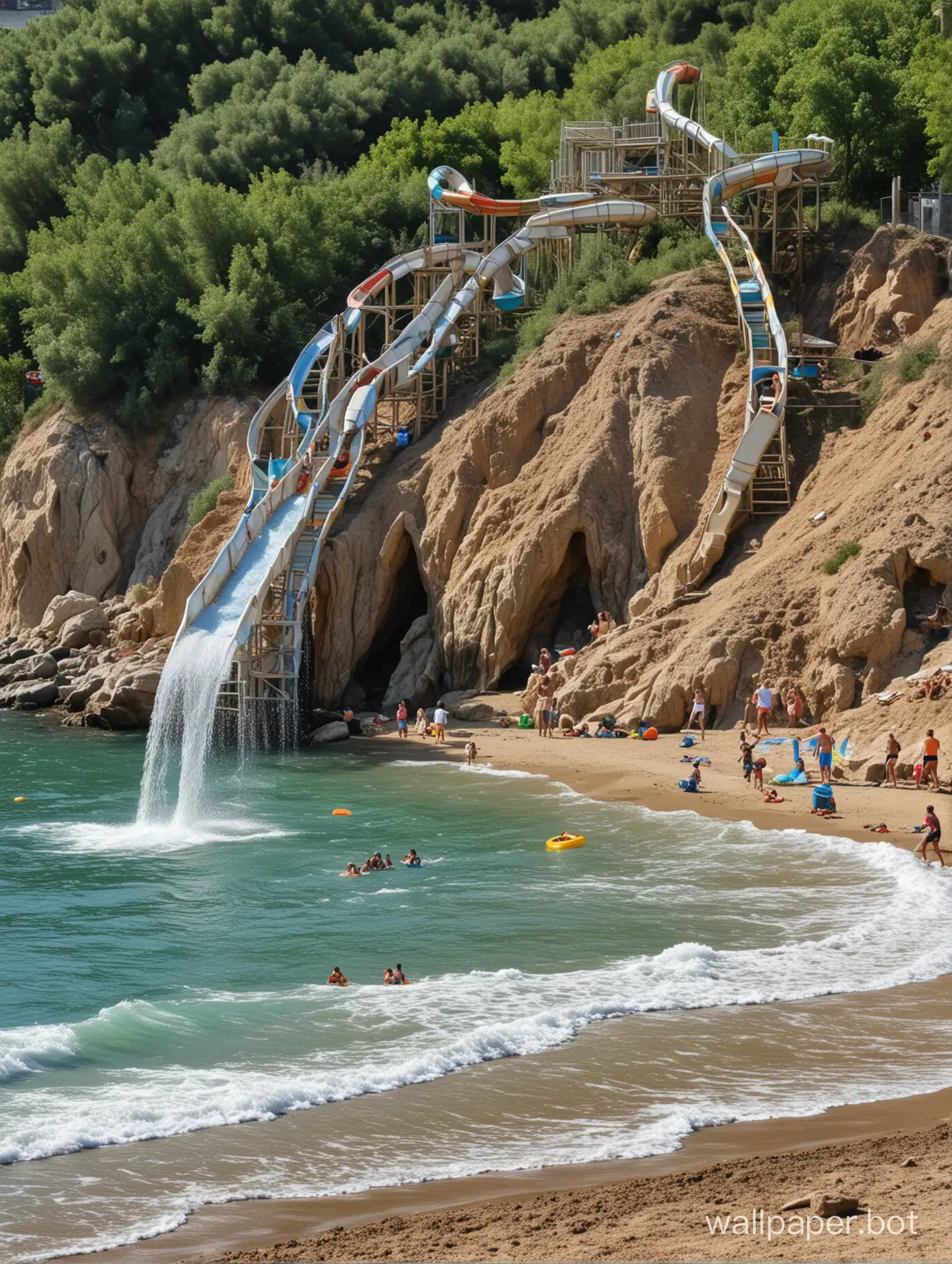 Крым, море, водные горки на берегу, дети