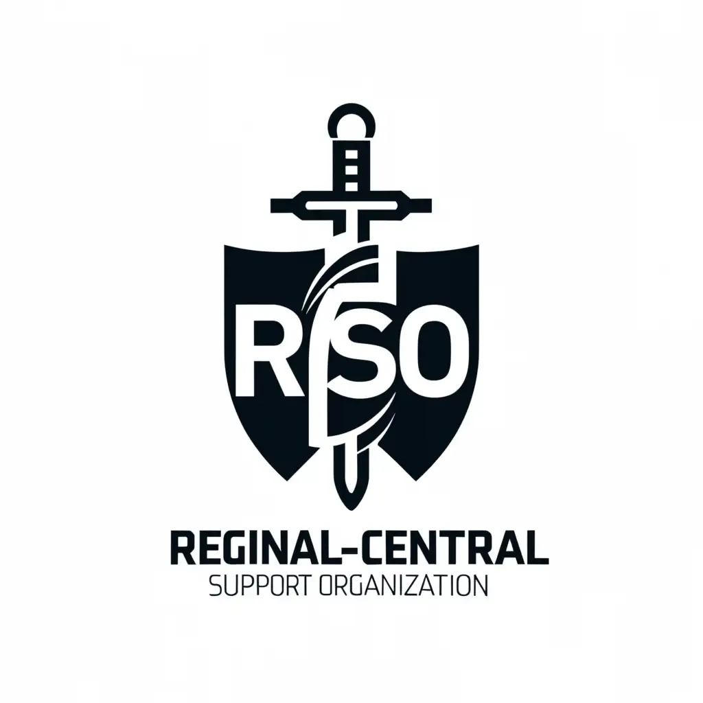 a logo design,with the text "RCSO, Regional-Central Support Organization.", main symbol:Sword, shield, people, arrows, finances, Analytics, black and white color color.,Минималистичный,be used in Другие industry,clear background