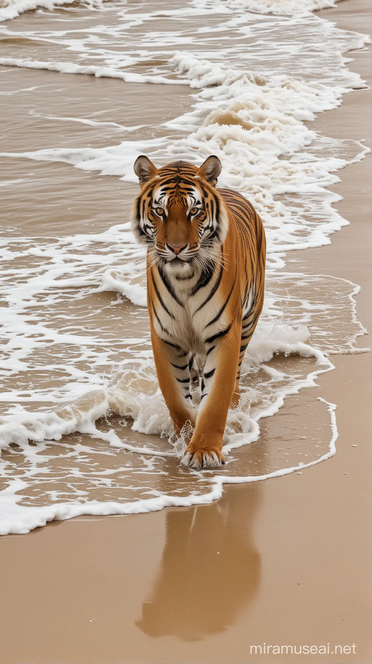 Tiger Encounter on the Beach with Spectators and Crashing Waves