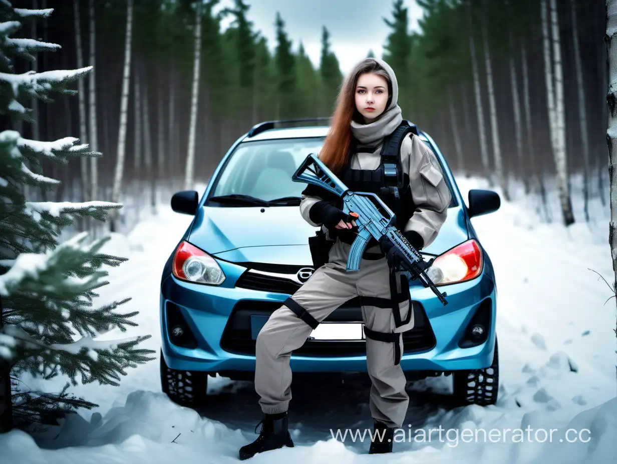 Russian-Girl-in-Tactical-Exoskeleton-with-AK47-by-Blue-Mazda-in-Winter-Forest